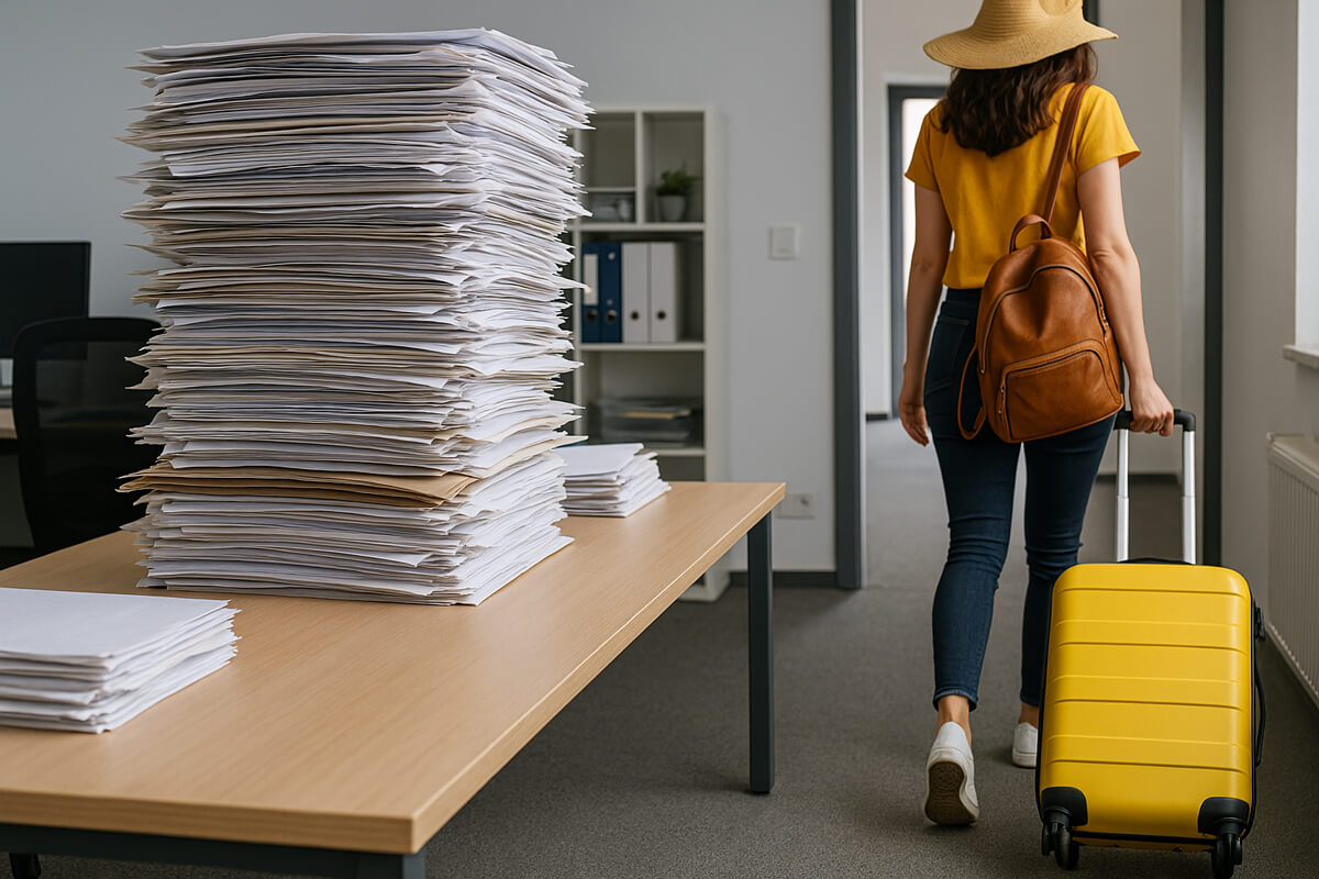 Kapazitaetenabsicherung 1 Ohne Absicherung: Eine Frau verlässt im sommerlichen Outfit und mit Reisekoffer den Schreibdienst in den Urllaub. Auf einem Schreibtisch stapeln sich Unterlagen turmhoch.